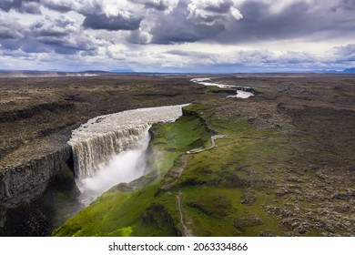 Aerial view of Dettifoss waterfall located on the Jokulsa a Fjollum river in Iceland. Dettifoss is the second most powerful waterfall in Europe after the Rhine Falls.