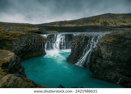 Aerial view of Dettifoss waterfall located on the Jokulsa a Fjollum river in Iceland. Dettifoss is the second most powerful waterfall in Europe after the Rhine Falls