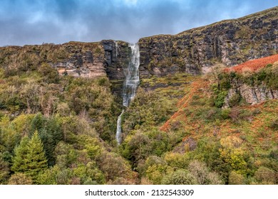Aerial view Devil's Chimney the highest Waterfall in Ireland close to Glencar Lough seen from above