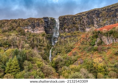 Aerial view Devil's Chimney the highest Waterfall in Ireland close to Glencar Lough seen from above