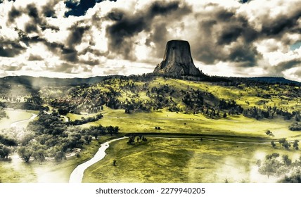 Aerial view of Devils Tower National Monument at summer sunset, Wyoming from drone perspective. - Shutterstock ID 2279940205