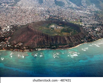 Aerial View Of Diamond Head Crater, Oahu, Hawaii.