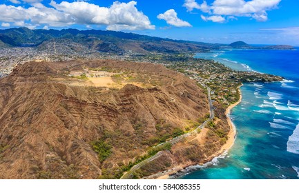 Aerial view of Diamond Head volcano crater on the island of Oahu, in Honolulu Hawaii, from a helicopter