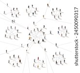 Aerial view of different people connected with lines isolated on white. Social media, business, online communication. Engagement and interconnectedness. Concept of innovations, internet