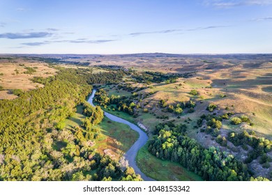 Aerial View Of Dismal River In Nebraska Sandhills Near Seneca, Spring Scenery