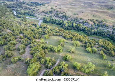 Aerial View Of Dismal River In Nebraska Sandhills Near Seneca, Spring Scenery