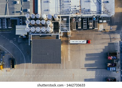 Aerial View Of The Distribution Center, Drone Photography Of The Industrial Logistic Zone.