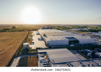 Aerial View Of The Distribution Center, Drone Photography Of The Industrial Logistic Zone.