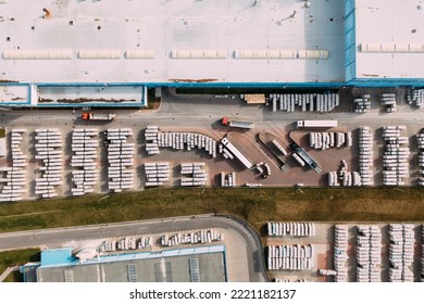 Aerial View Of The Distribution Center, Drone Photography Of The Industrial Logistic Zone.