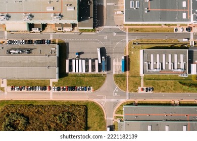 Aerial View Of The Distribution Center, Drone Photography Of The Industrial Logistic Zone.