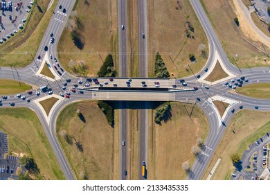 Aerial view of a diverging diamond interchange in Malbis, Alabama 