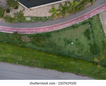 Aerial View Of Dog Place In Ilha Pura Park At Sunset. Coconut Trees, Water Mirror And Running Track Next Door. Rio De Janeiro, Brazil. Sunny Day. Top View. Drone Take.