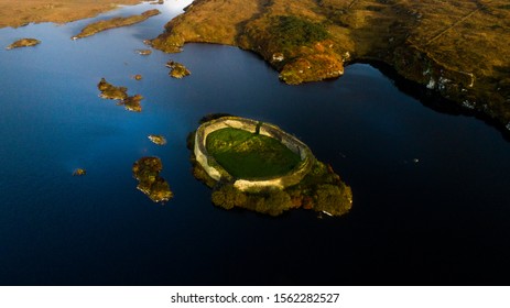 Aerial view of Doon Fort in County Donegal.  A fifth 5th century ring fort in the middle of a lake.  Believed to be a stronghold for Irish Clans since the iron age or medieval times.  Near Portnoo.