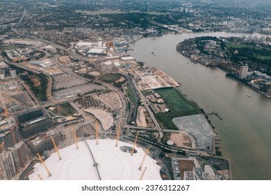 Aerial View down Greenwich Peninsula with the millenium dome in the forground