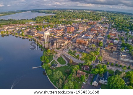 Aerial View of Downtown Albert Lea, Minnesota at Dusk in Summer