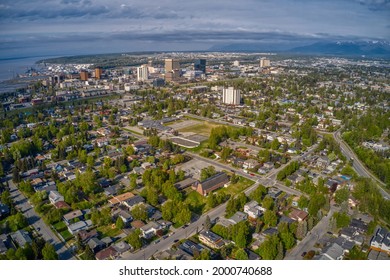 Aerial View of the downtown Anchorage, Alaska Skyline during Summer