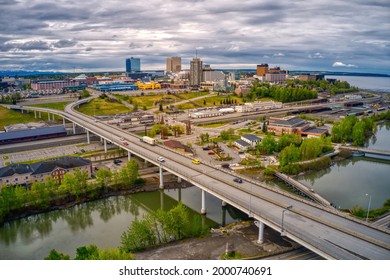 Aerial View of the downtown Anchorage, Alaska Skyline during Summer