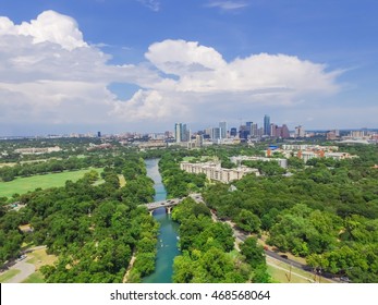 Aerial View Downtown From Barton Creek In Greenbelt At Zilker Metropolitan Park South Austin With Summer Blue Cloud Sky. Located At Eastern Edge Of Hill Country, Austin The State Capital Of Texas, US.