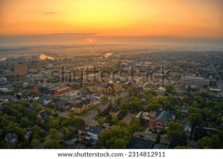 Aerial View of Downtown Brandon, Manitoba at Sunrise ストックフォト © 