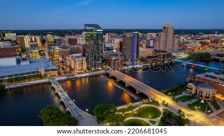 An aerial view of the downtown buildings in Grand Rapids, Michigan