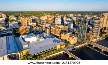 An aerial view of the downtown buildings in Grand Rapids, Michigan 07 March 2022