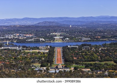 aerial view of the downtown of Canberra - from War memorial to lake Burley Griffin and old and new Parliament houses on Capitol hill.