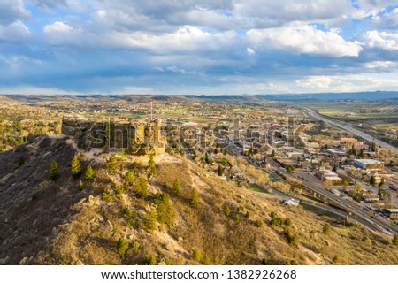An aerial view of downtown Castle Rock over The Rock