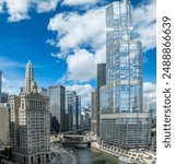 Aerial view of downtown Chicago, legendary Wrigley building on North Michigan Avenue on Near North Side. Located on the Magnificent Mile, built in  Spanish Colonial Revival architecture style