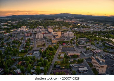 Aerial View Of Downtown Fairbanks, Alaska During A Summer Sunset