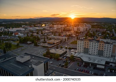 Aerial View Of Downtown Fairbanks, Alaska During A Summer Sunset