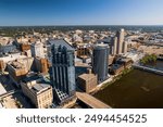 Aerial view of downtown Grand Rapids, is second largest metropolitan area in entire Michigan state.