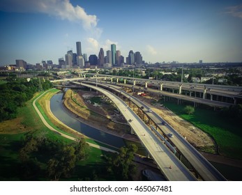 Aerial View Downtown And Interstate I45 Highway With Massive Intersection, Stack Interchange, Junction And Elevated Road Construction At Sunset From Northwest Side Of Houston, Texas, USA. Vintage Look