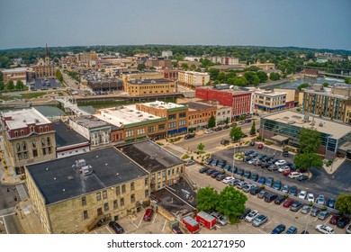 Aerial View Of Downtown Janesville, Wisconsin During Summer