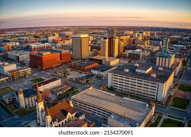 Aerial View Of Downtown Lincoln, Nebraska At Twilight