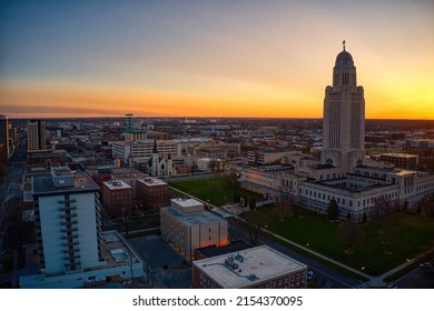 Aerial View Of Downtown Lincoln, Nebraska At Twilight