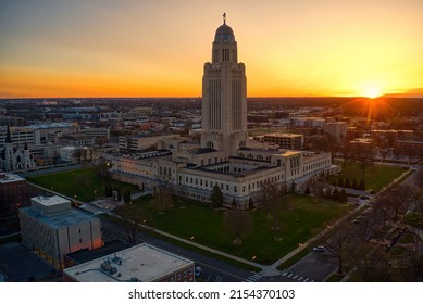 Aerial View Of Downtown Lincoln, Nebraska At Twilight