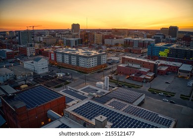 Aerial View Of Downtown Lincoln, Nebraska At Twilight