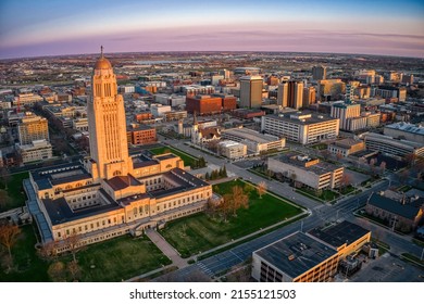 Aerial View Of Downtown Lincoln, Nebraska At Twilight