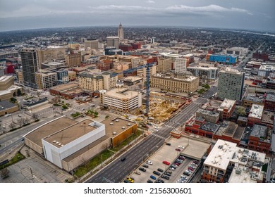 Aerial View Of Downtown Lincoln, Nebraska At Twilight