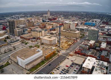 Aerial View Of Downtown Lincoln, Nebraska At Twilight