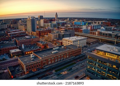 Aerial View Of Downtown Lincoln, Nebraska At Twilight