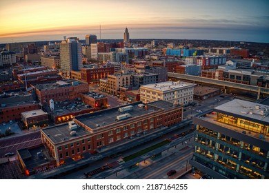 Aerial View Of Downtown Lincoln, Nebraska At Twilight