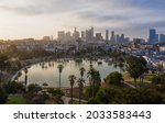 Aerial view of the downtown Los Angeles skyline from MacArthur Park.