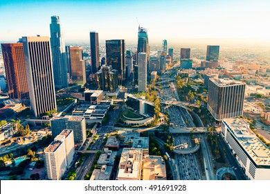 Aerial view of a Downtown Los Angeles at sunset - Shutterstock ID 491691928