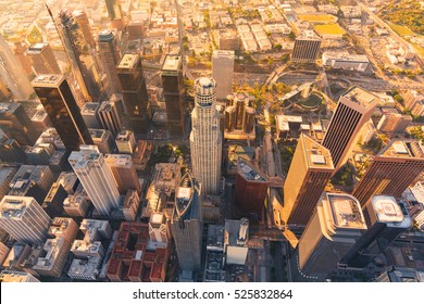 Aerial view of a Downtown Los Angeles at sunset