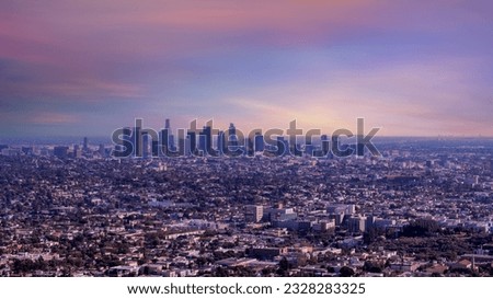 Aerial view of downtown Los Angeles city skyline, 