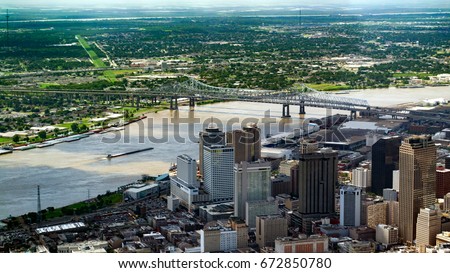 Aerial view of Downtown, New Orleans, Louisiana and Crescent City Connection Bridge