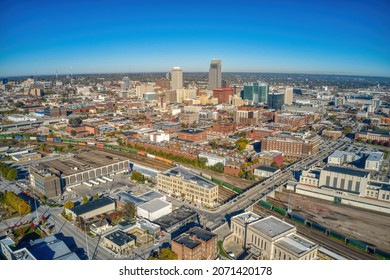 Aerial View of Downtown Omaha, Nebraska in Autumn