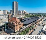 Aerial view of downtown Richmond with skyscrapers, historic Main Street train station