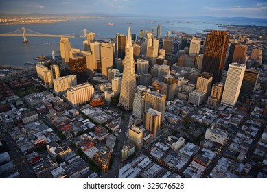 An Aerial View Of Downtown San Francisco During Sunset